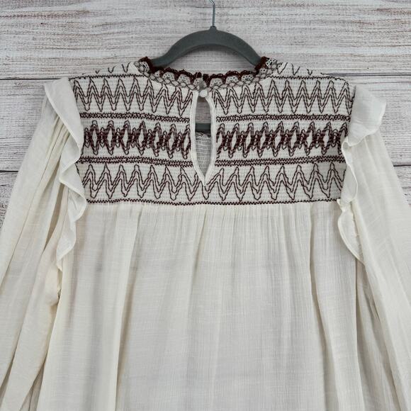 Perch by Blu Pepper Embroidered Blouse Womens 2XL Cream Brown Ruffles - Picture 4 of 13